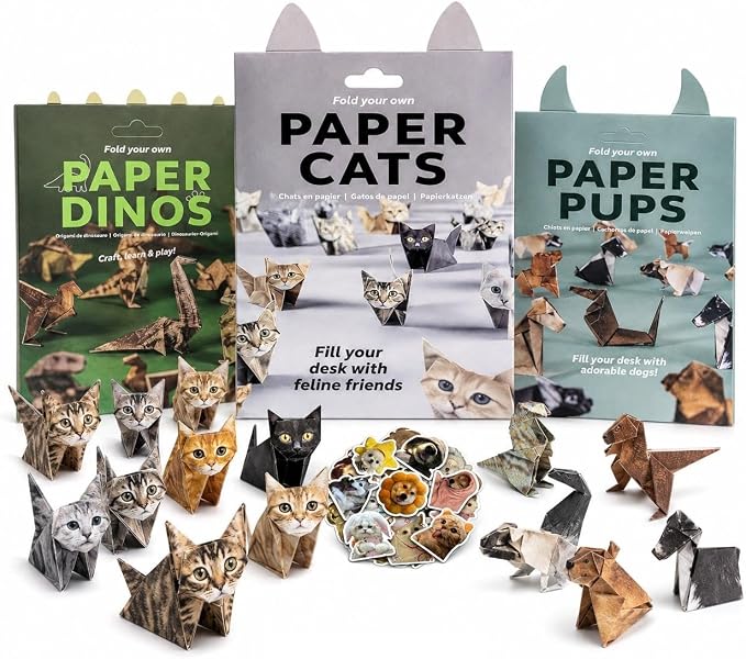 Paper Cats Origami Kit for Adults – Origami Cats, Dogs & Dinosaurs with 135 Sheets + 60 Cat Stickers | Japanese Paper Craft Set | Mindful Creative hobby & Gift for Cat Lovers, Beginners and Hobbyists