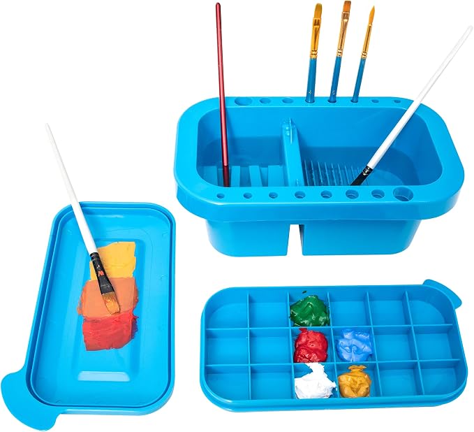 MyLifeUNIT Paint Brush Cleaner, Paint Brush Holder with Palette, Royal Blue | 18 mixing wells, 16 slots fitting 0.24-0.63 in diameters, 3 washing compartments, removable tray lid