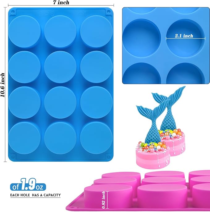 Sakolla 3 Pcs Round Chocolate Cookie Molds, 12-Cavity Cylinder Silicone Molds for Chocolate, Cake, Candy, Pudding, Mini Soap (2 Rose Red+1 Blue)