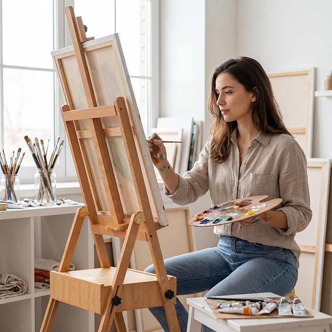 Large Beech Wood H-Frame Easel,Painting Easel with Storage Drawer,Up to 36" | Multi-Function Studio Easel, Professional Foldable Artist Easel Stand for Painting, Holds Canvas Art up to 36"