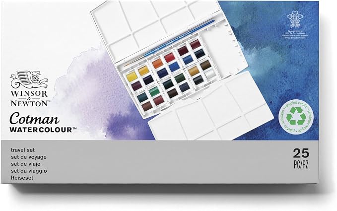 Winsor & Newton Cotman Watercolor Paint Set, 24 Half Pan Painting Plus Set | Introductory Watercolor made with Fine Art Pigments, Perfect for Beginners, Lightfast & Permanent, Good Tinting Strength
