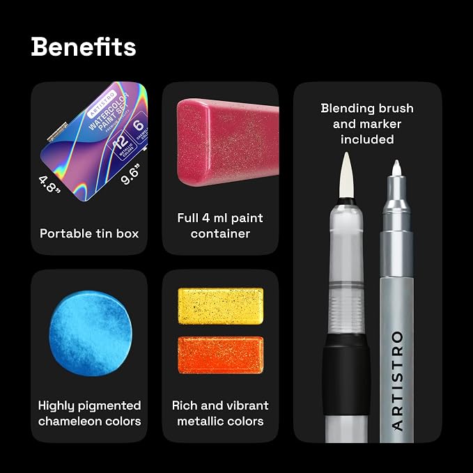 ARTISTRO Metallic Watercolor Paint Set with Palette & Brush Pens - 18 Color | Portable Paint Art Kit, Travel Water Color Set, For Adults, Professionals, & Kids, Art & Painting Supplies, Gift Idea