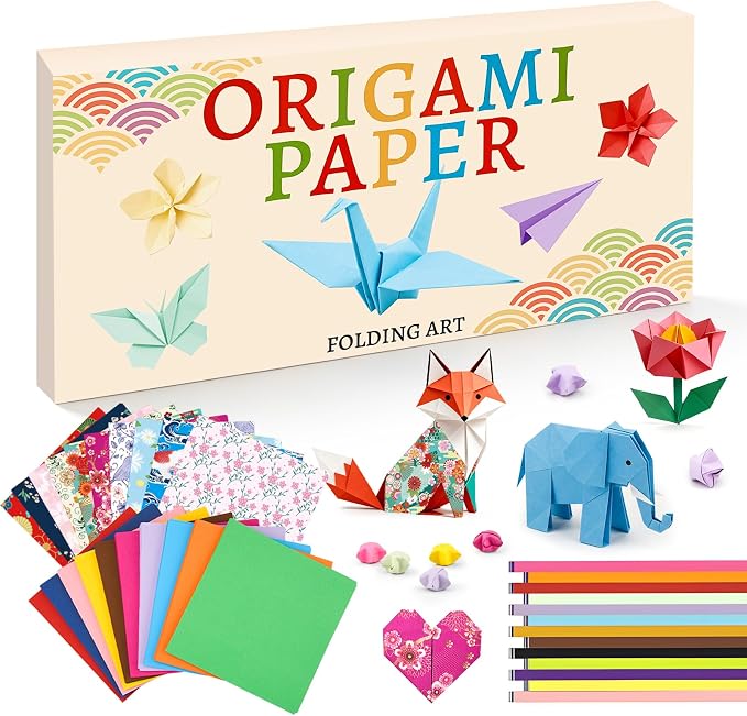 AluAbi Origami Paper Kit 500 Sheets & 1350 Star Strips for Kids 5-12