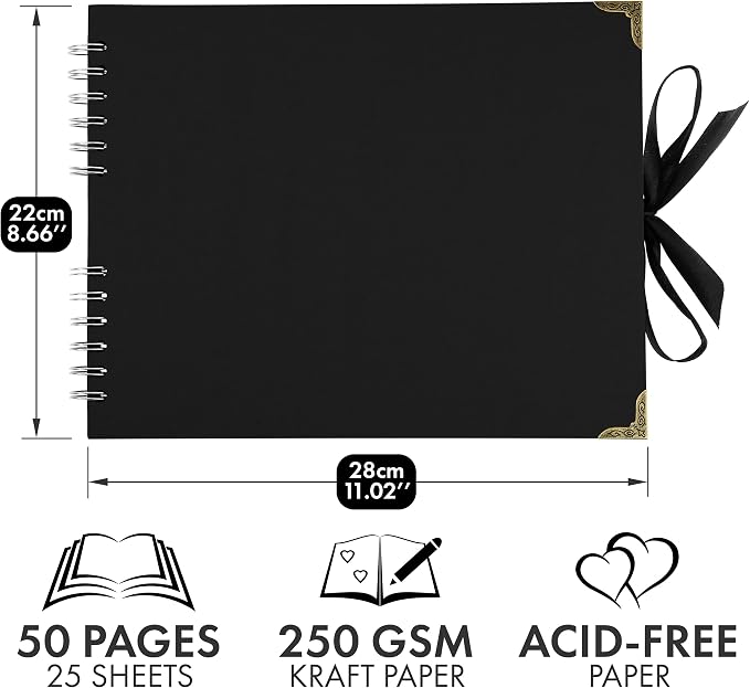 Scrapbook Album, 50 Pages, 11 x 8.5 Inch, Black Photo Album, Scrap Book | Hardcover with Thick 250 GSM Kraft Paper, Ideal for Your Scrapbooking Albums, Art & Craft Projects (Black, 11 x 8.5 Inch)