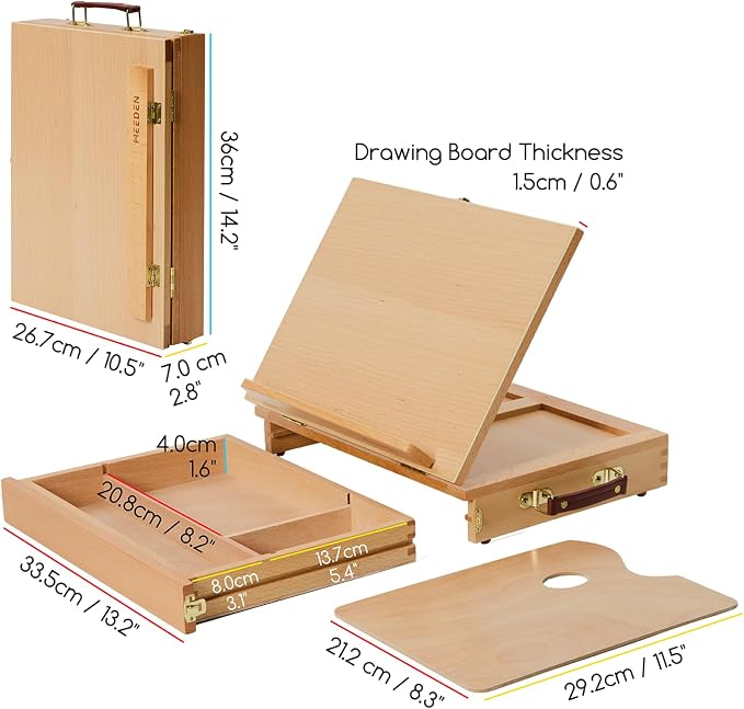MEEDEN Table Top Easel with Drawer: Tabletop Easel with Sketching Board | Portable Painting Easel with Storage - Wood Pochade Sketch Box for Artist Art Students Beginners Natural