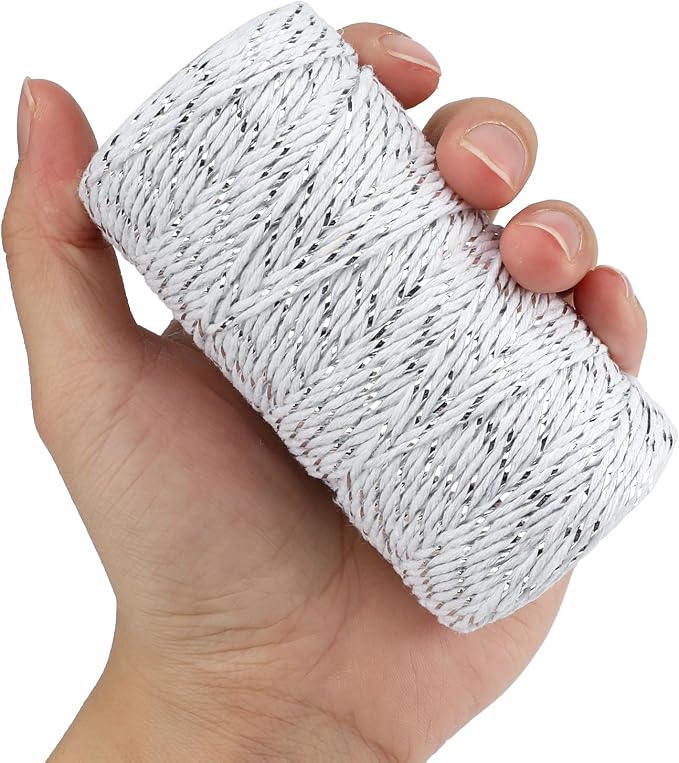 jijAcraft 328Ft White Silver Twine String, 2MM Bakers Cotton String, Heavy Duty Wrapping Twine for Wedding, Birthday, Bridal Shower