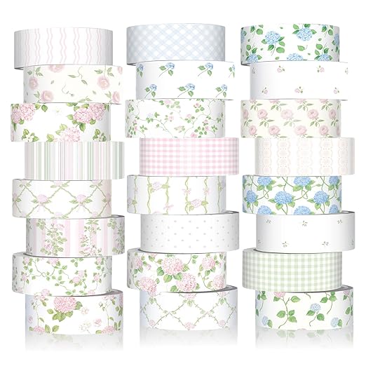 Gueevin 24 Rolls Floral Washi Tapes Set Scrapbook Supplies, Flowers | 15 mm Watercolor Flower Washi Tapes, Back to School DIY Craft Arts, Junk Journaling Planner Gift Wrapping Supplies