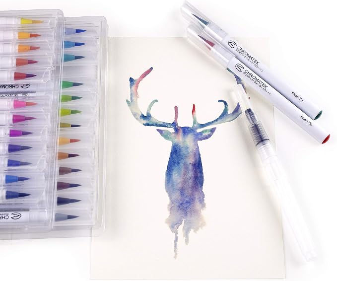 CHROMATEK 30 Watercolor Brush Pens | 15 Page Tutorial Pad & Online Video Series | Brush Tips | Vivid, Blendable Professional Artist Quality | 27 Colors | 3 Aquapens | Complete Water Color Painting Set