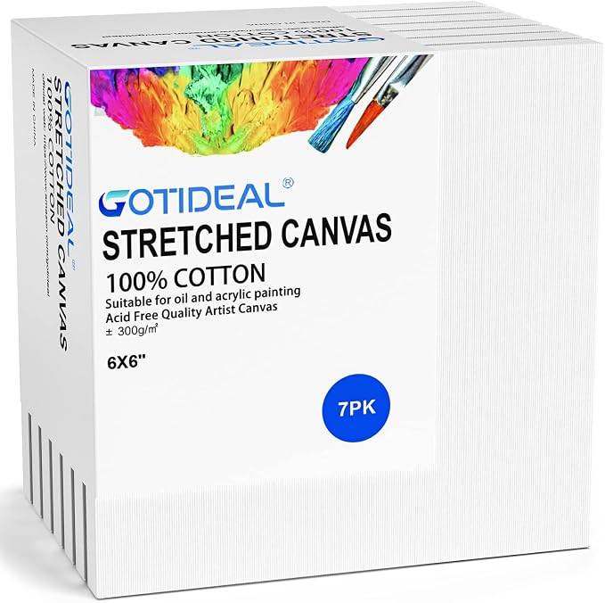 GOTIDEAL Stretched Canvases for Painting, 6x6 Inch Set of 7, Primed White | 100% Cotton Blank Art Square Canvas Boards for Painting for Acrylic Pouring, Oil Paint Dry & Wet Art Media