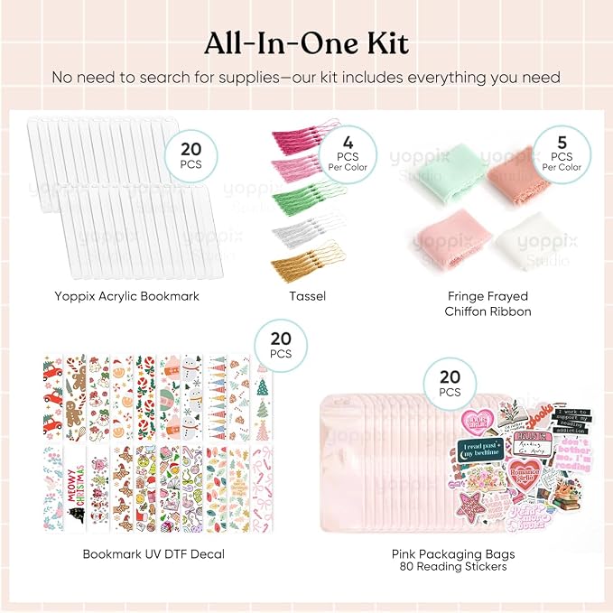 180 Pcs Acrylic Bookmark Blanks- 20 Set Bookmark Making Kit with 20 UV DTF Stickers About Christmas Theme 20 Tassels 20 Ribbon 80 Bookish Stickers for DIY Your Crafts Gift for Book Lover