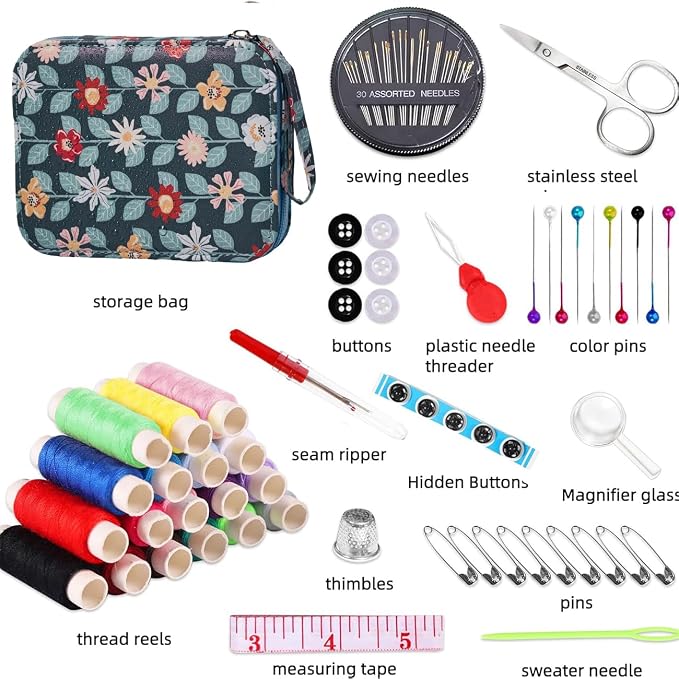 Printing Vines Sewing Project Kits,Travel Portable Sewing Set with Zipper Sewing Case,87 PCS Professional Sewing Supplies Accessory for Adults,Emergency, Home