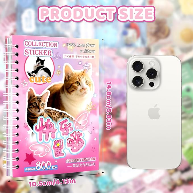 Tmtains 30 Sheets Cat Sticker Book with Meme Stickers 800+ Die Cut Stickers for Scrapbook Journal Planner Phone case Cute Sticker Book Gifts with Premium Art Paper and Cute Design (Cat)