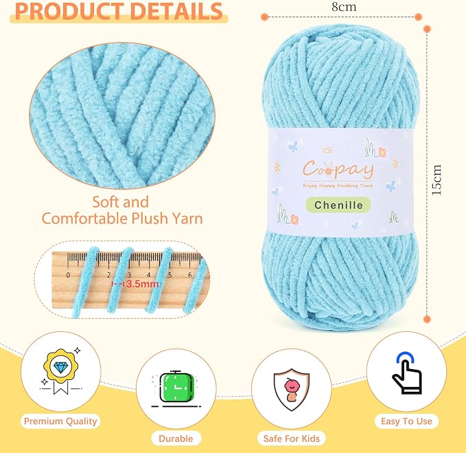 Coopay Chenille Yarn for Crochet, Medium Weight Yarn CYC #4, Blue | Crochet Yarn Set - 400g Total, Soft Velvet Yarn for Colorful Crafts, Blankets, Plush Dolls, Decorative Handmade Works