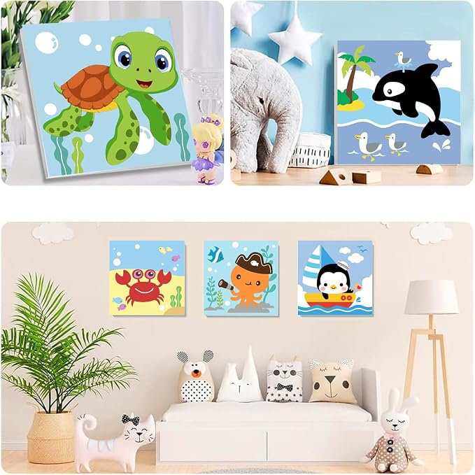 MXCFZX 6 Pack Framed Paint by Numbers Kit for Kids,Cute Sea Animals Painting Kits for Ages 4-6-12,Easy Paint by Number Kids Paint for Beginner,DIY Acrylic Oil Painting Kit for Wall Decor(8X8inch)
