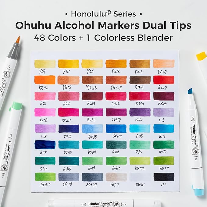 Ohuhu Alcohol Markers Brush& Chisel 48 Colors for Adult Coloring Refillable | AP Certified Art Marker Set, Dual Tips Alcohol-based for Artists Beginners Drawing Illustration Sketching, Honolulu 2