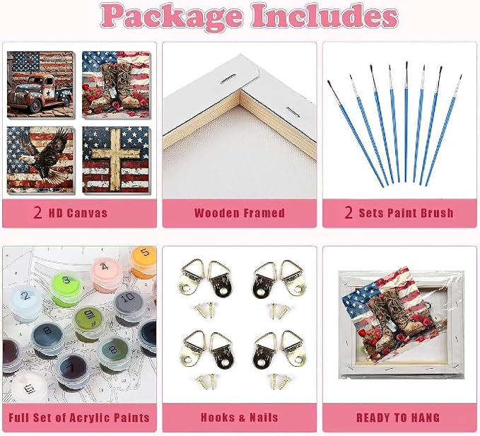 4 Pack Independence Day Paint by Numbers Kit for Adults Beginners Framed - DIY 4 of July Patriotic Adults Paint by Numbers Kits on Canvas, Small Easy Acrylic Oil Painting for Wall Decor (8 x 8 Inch)