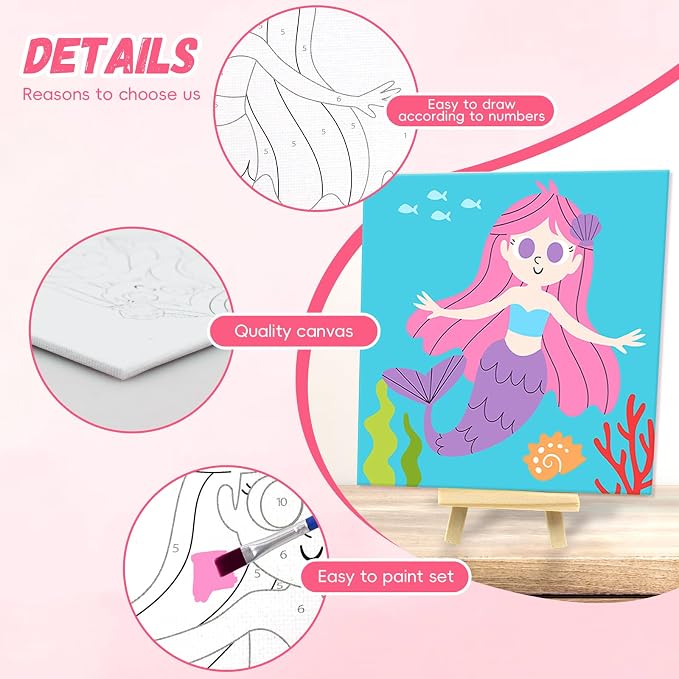 goldentime Kids Paint by Number Kits Including 6 Pre-Drawn Canvas for Painting, 6 Brushes 17 Paints and 2 Easels, Perfect Art Painting Kit, Arts and Crafts Painting for Kids Ages 8-12