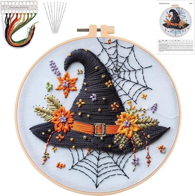 YOUDRN Halloween Embroidery Kit, Witch Hat Halloween Cross Stitch Kit
