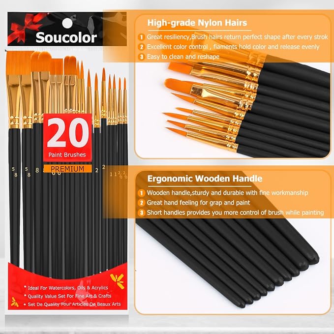 Soucolor Acrylic Paint Brushes Set, 20 Pcs Pointed Tip Artist Paintbrushes | Acrylic Painting Oil Watercolor Canvas Boards Rock Body Face Nail Art, Halloween Pumpkin Ceramic Crafts Supplies