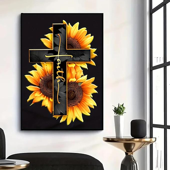 5D Diamond Painting Kit for Adults Beginners,Cross Sunflower Diamond Art | DIY Paint by Diamonds,suitability Friends Full Round Drill Diamonds Dots Gem Art,Home Wall Decor 11.8x15.8 Inch