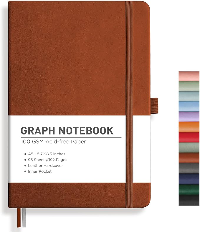 RETTACY Graph Grid Paper Notebook, 192 Pages, A5 Size (5.7'' x 8.3'') | 5 Squares per Inch, Leather Hardcover, 100 GSM Thick Paper, for School, Students, Math, Engineering (Brown)