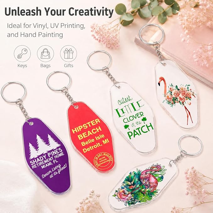 90pcs Acrylic Blanks Key Tags Kit, Including 30 pcs Motel Hotel Shape Retro Acrylic Board, 30 Keychain Rings and 30pcs Jump Rings for Cricut Crafting Vinyl Ornament Blanks DIY Keychain Making