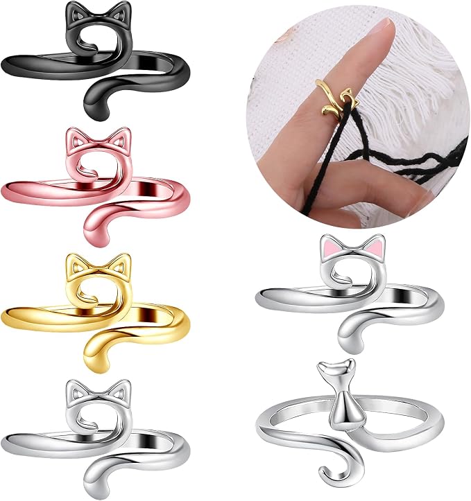 6 Pcs Crochet Rings for Finger Adjustable Crochet Knitting Loop Accessories Metal Yarn Guide Finger Holder Rings, Knitting & Crochet Supplies for DIY Crafts, 4 Colors