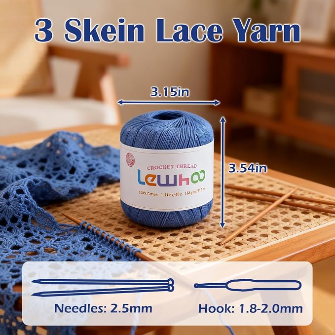 Crochet Thread, 3 Pack Size 3 Cotton Crochet Yarn Ball Set Blue