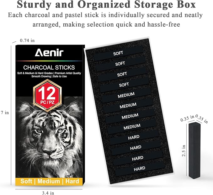 Aenir Compressed Charcoal Sticks Set of 12 – Soft, Medium, Hard Charcoal for Drawing, Sketching & Shading – Art Supplies for Artists, Beginners & Adults