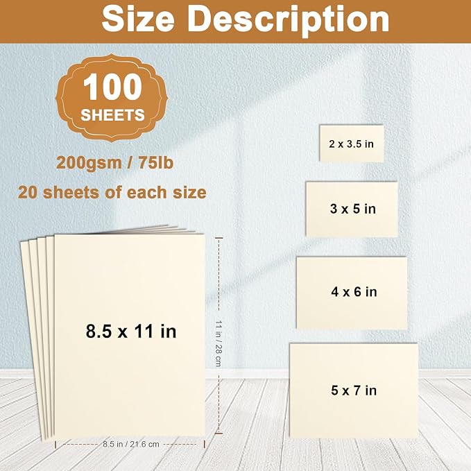 Silunkia 100 Sheets Cream Cardstock 5 Assorted Size Ivory Paper 75lb