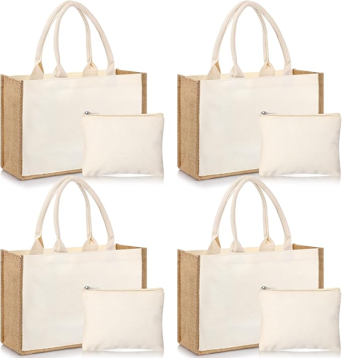 Sweetude 4 Set Jute Burlap Tote Bag with Canvas Makeup Pouch Reusable DIY Craft Blank Gift Bags for Wedding Bridesmaid(Simple,Beige)