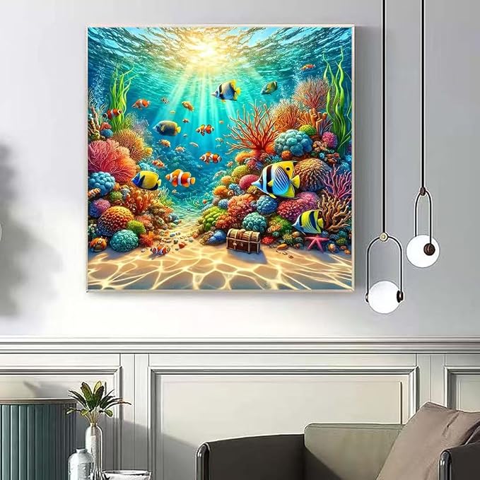 Fish Diamond Art Kits for Adults,5D Sea Coral Reef Landscape Diamond Painting Kits for Adults Beginner,DIY Full Drill Diamond Dot Painting Gem Art Kits for Adult,Home Wall Decor 13.79 X 13.79Inch