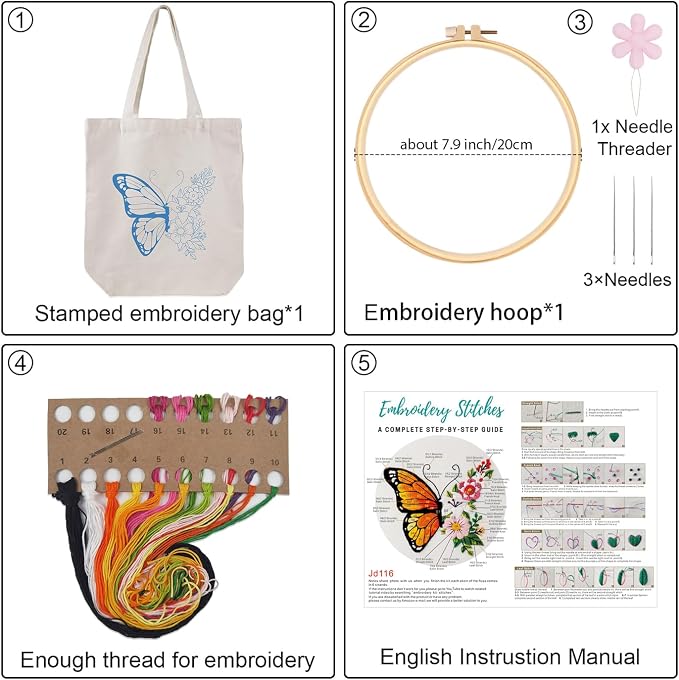 Louise Maelys Embroidery Kit Canvas Tote Bag for Beginners with Butterfly