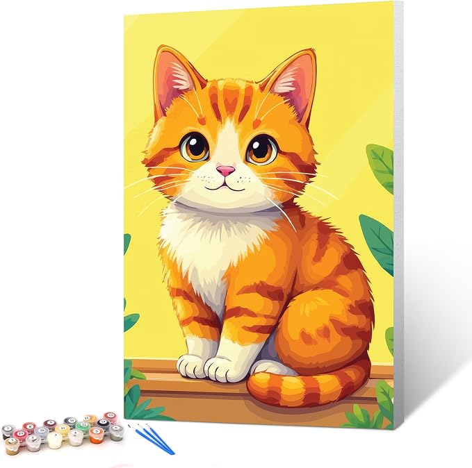 Ginkko Paint by Numbers Kit for Adults Beginner & Kids Ages 8-12 with Wooden Frame Easy Acrylic on Canvas 8x12 inch with Paints and Brushes, Ginger cat(Include Framed)