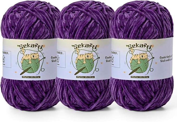 3 Pack of 300g (590yds) Fuzzy Chenille Yarn for Crocheting,Fluffy Amigurumi Crochet Yarn for DIY Craft/Hat/Clothes, Soft Velvet Baby Blanket Yarns（3 Violet）