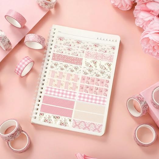 12 Rolls Floral Washi Tape Set,Light Pink,Polka Dots and Floral | Watercolor Flowers Design for Scrapbook Journal DIY Craft School Supplies, 15 mm Vintage Decorative Masking Washi Tapes