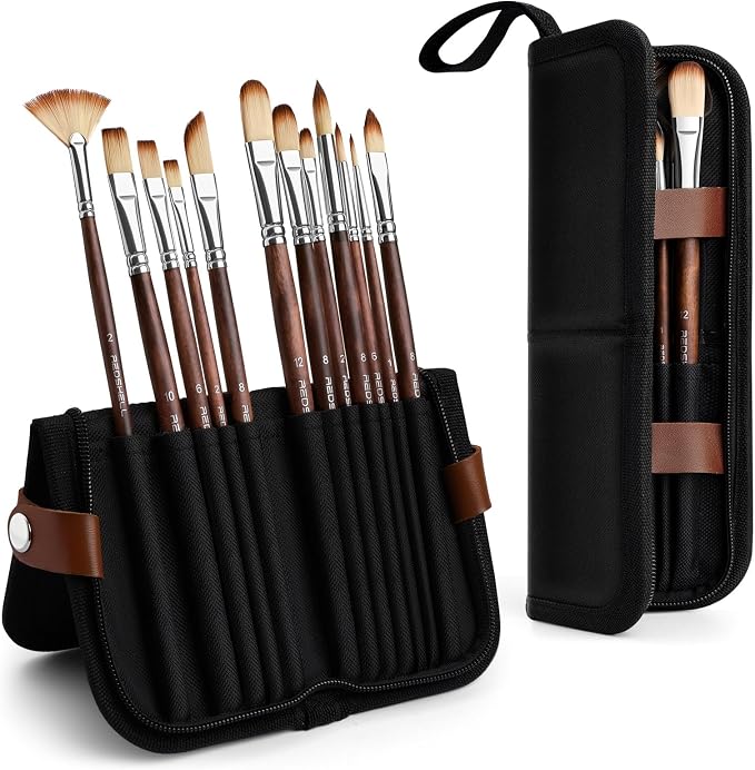 REDSHELL 12pcs Paint Brush Set, Acrylic Oil Painting Brushes for Artists | Professional Watercolor Brush Kit with Flat, Fan, Filbert, Round, Rigger, Travel Paintbrush for Face Painting, Gouache