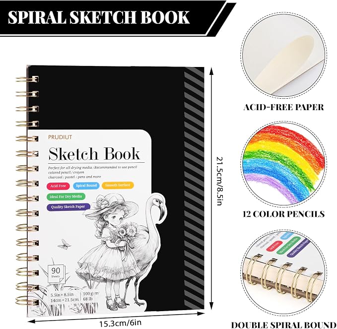 Sketch Book with 12 Color Pencil Set, 90 Sheets Spiral Sketchbook for Drawing (68lb/100gsm), Acid-Free Sketch Pad for Artist, Art Paper Drawing Supplies for Easter Gifts (5.5×8.5 inch) | 90 Sheets Acid-Free Drawing Paper with Pencils, Tear-Out Pages, f...
