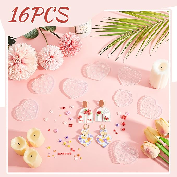Zeyune 16 Pcs Summer Small Flower Polymer Clay Molds, Mini 3D Silicone Resin Casting Molds for Earring Making Jewelry DIY, Includes Alphabet, Flower, Heart and Bow Shapes(Cameo & Rose)