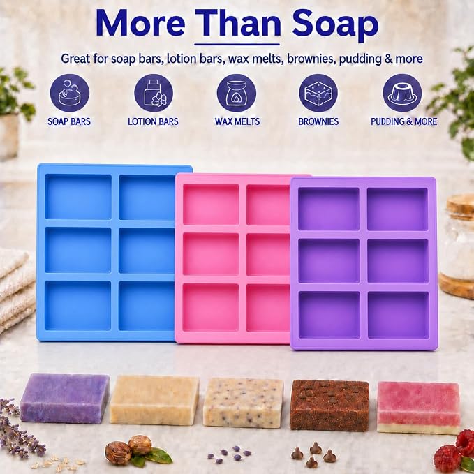 3 Pack Rectangle Silicone Soap Molds, 18 Cavities Total, 6 Cavity Soap Making Mold for Melt and Pour Soap, Homemade Soap Bars, Pudding, Jelly, Brownies, Chocolate, Easy Release Silicone Baking Mold