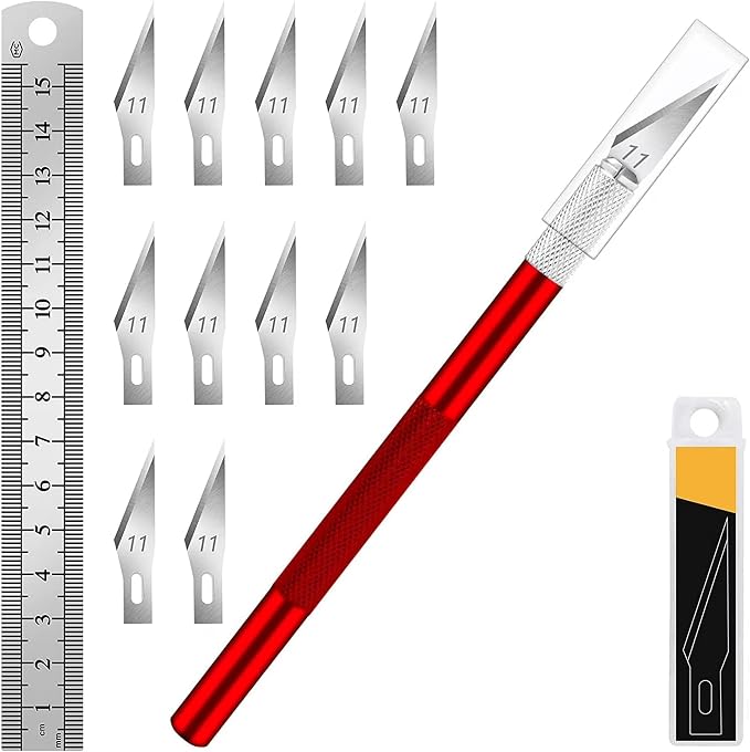 DIYSELF Hobby Knife Set with 10 Extra #11 Blades, 15cm Metal Ruler for Art | Hobby Knife Set for Model Making, Pottery, Paper & Vinyl Projects, Exacto Knife for Crafting, Artists & Hobbyists, Red