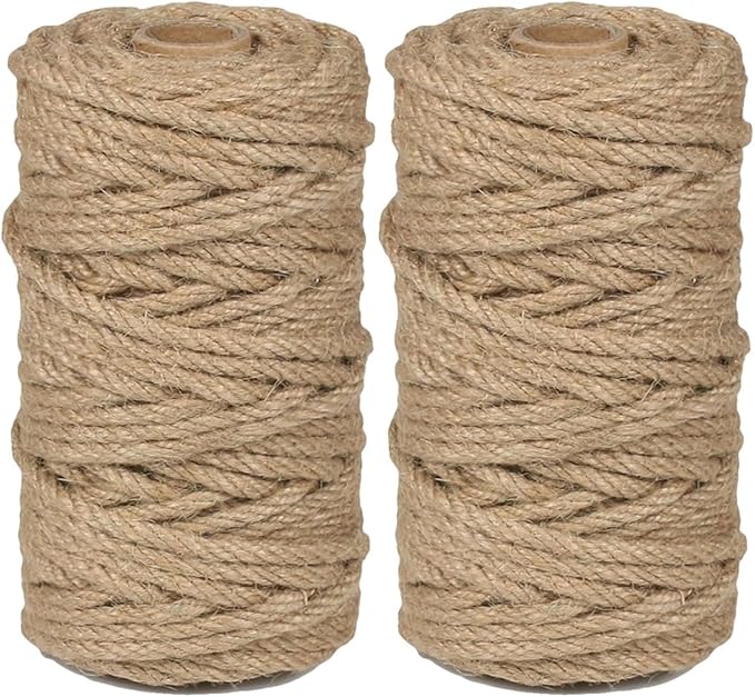 2Pack 4mm Natural Jute Twine Rope 240 Feet Twisted Heavy Duty Thick Twine for Cat Scratching Post Tree Craft Projects Garden Home Decoration Packing Bundling (Brown-120Feet/Roll)