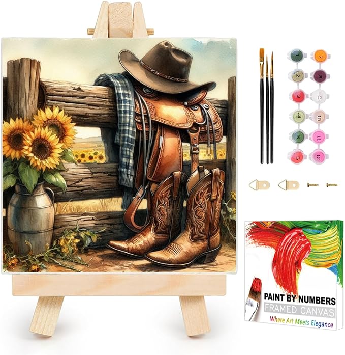 AUKELHJ Framed Paint by Numbers Kit for Adults, Boot;Sunflower, 10x10 inch