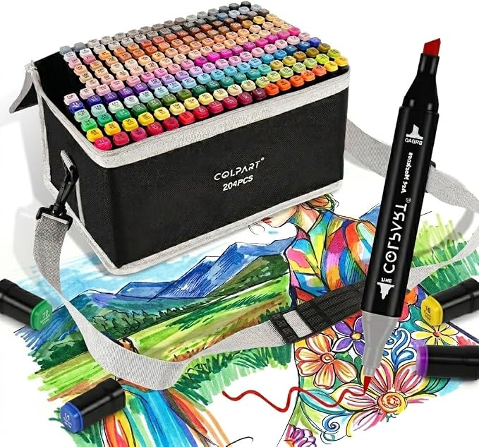 colpart 204 Colors Alcohol Markers Set Dual Tip Art Marker Pens with Pen Holder and Carry Bag for Adult Coloring Painting Supplies Perfect for Painting, Coloring, Sketching and Drawing