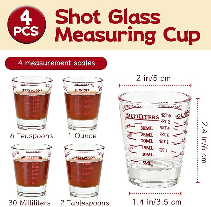 4 Pack Shot Glass Measuring Cup,Espresso Shot Glasses Liquid Heavy,Thick Base Liquid Measuring Cup for Mixing Cocktails Preparing Dessert (1 OZ, 2 TBS, 6 TSP, 30 ML)