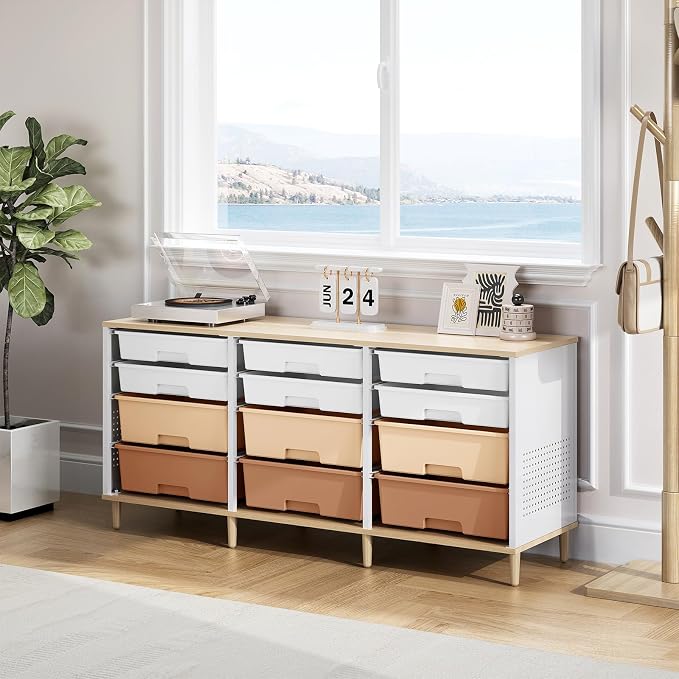 TOOLF 12 Drawers Storage Cabinet with Wooden Top and Plastic Bins,Brown | Toy Shelf Storage Chest Cubby Organizer, for Home, Office, Playroom, Classroom & Craft Room