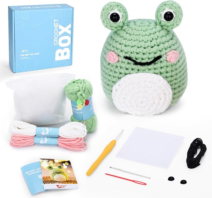 Crochet Kit for Beginners: Frog Crochet Kit for Adults, Learn to Crochet, Include Easy to Use Yarn, Step-by-Step Video, Patterns, Cute Animal Design, Thanksgiving Christmas Birthday Gift