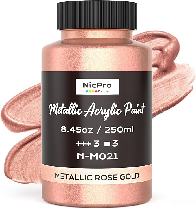 Nicpro Metallic Rose Gold Acrylic Paint, 8.45oz/250ml Gold Leaf Paint | Large, Non Toxic, Non Fading Gold Paints for Metal, Wood, Craft, Clay, Fabric, Canvas, Furniture, Handcrafts, Art Supplies