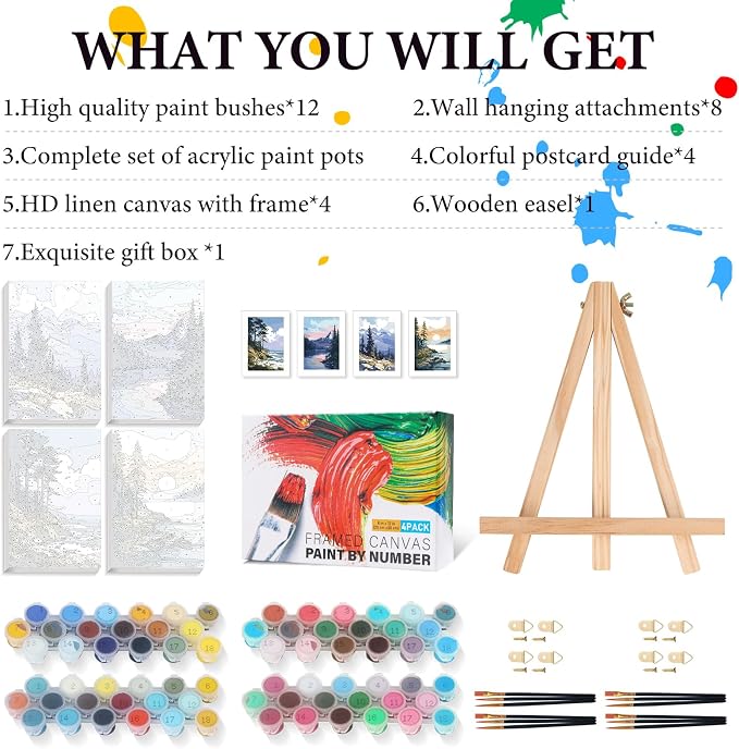 4 Pack Framed Paint by Numbers Kit for Adults Landscape with Wooden Easel | With Frame Canvas 8x12 IN, For Adults Beginner, DIY Acrylic Painting Mountain, Stress Relief Craft Kits, Home Wall Decor Gift