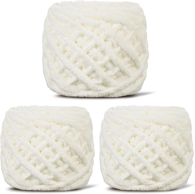3 Pack Plush Chenille Chunky Yarn for Crocheting 100g(54.6yd) - Bulky Thick Fluffy Yarn for Knitting- Soft Velvet for Baby, Blanket Knitting Blanket Yarns- Amigurumi Yarns (3-Milky White)